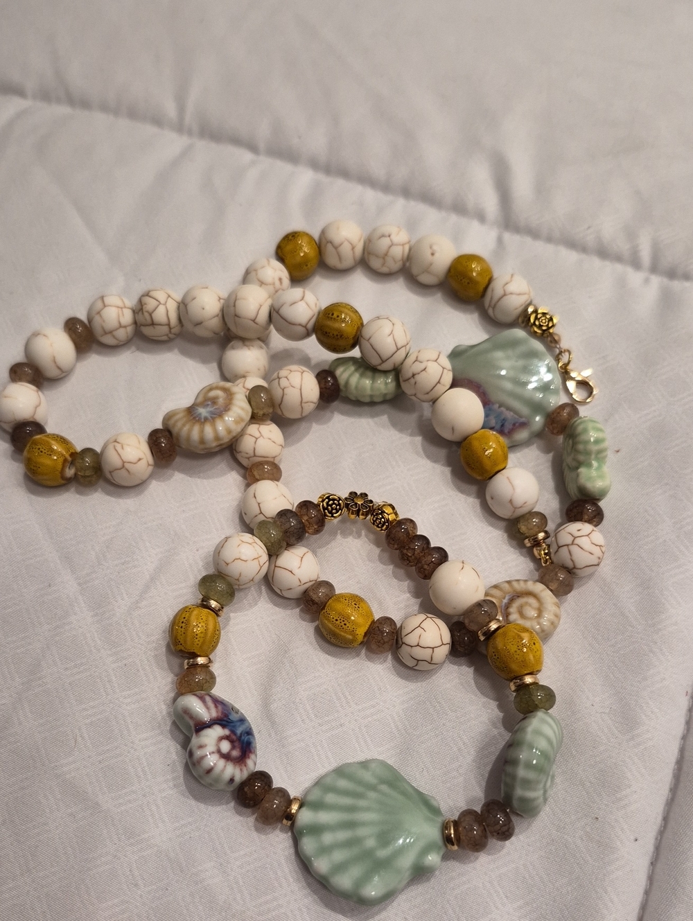 Handcrafted Green, White and Yellow Beaded Shell Necklace - Unbranded